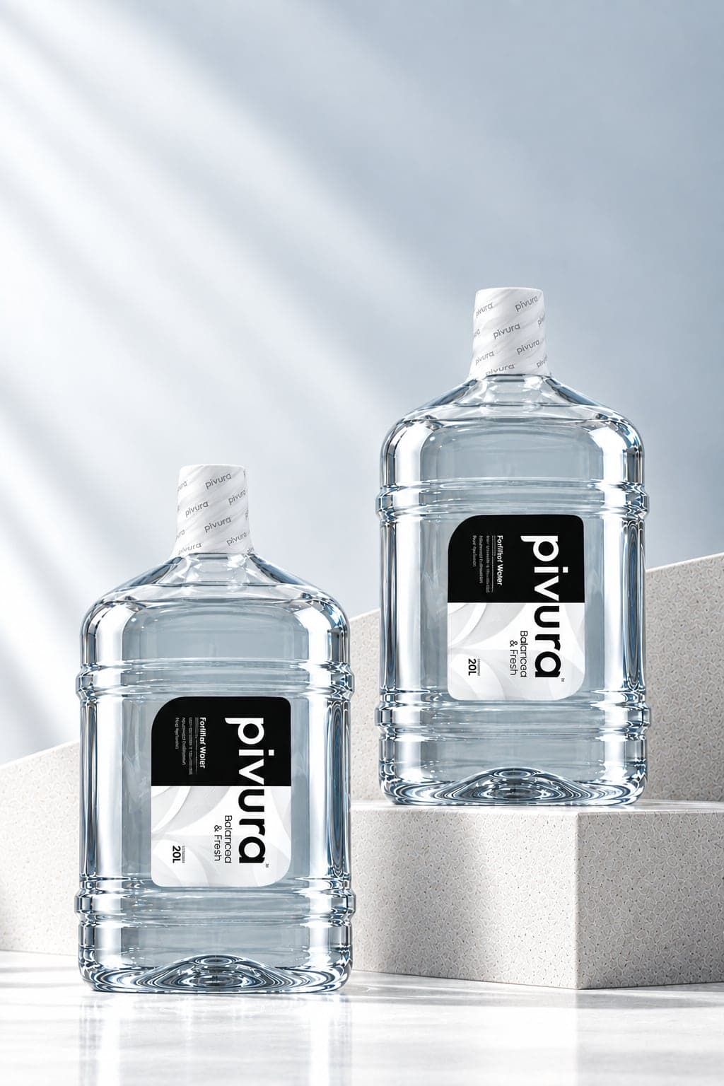 Pivura Balanced & Fresh 20L and 5L cans on a stone pedestal in soft daylight